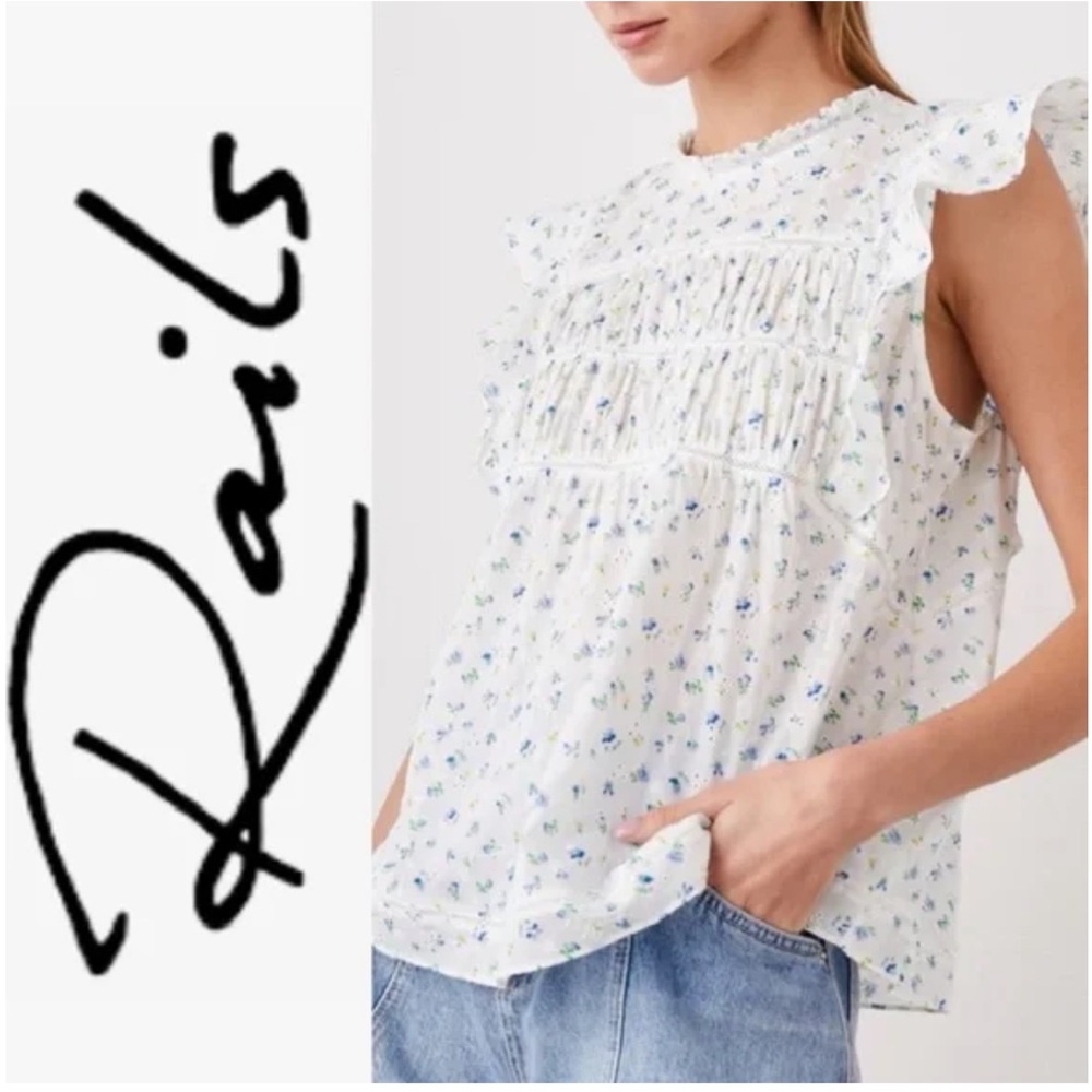 Rails Women's Floral Ruffle Top Filomena Bluebell Eyelet -White -Small MSRP $268